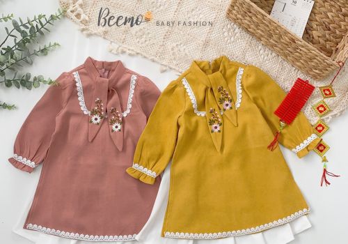 ÁO DAI BÉ GÁI NƠ CỔ THÊU HOA
